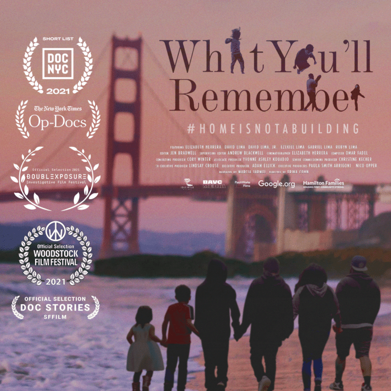 A family of 6 holds hands walking down Baker Beach towards the golden gate bridge at sunset. Title, credits, and laurels complete the short film poster for "What You'll Remember."