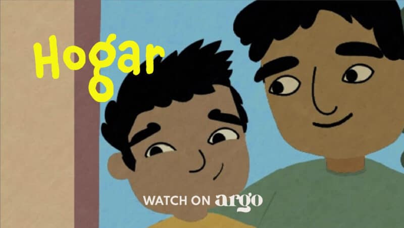 Illustration of a parent and child with the title "Hogar" in childlike yellow lettering and the subtitle "watch on Argo"