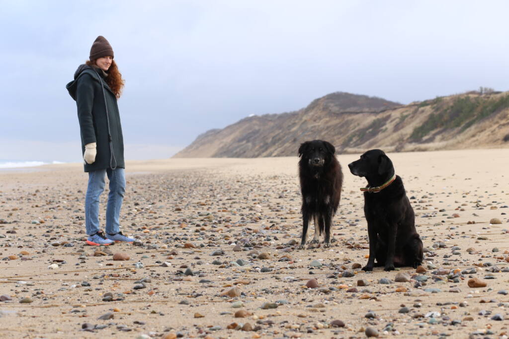Jenny is dressed for winter on the beach with her two large dogs. 