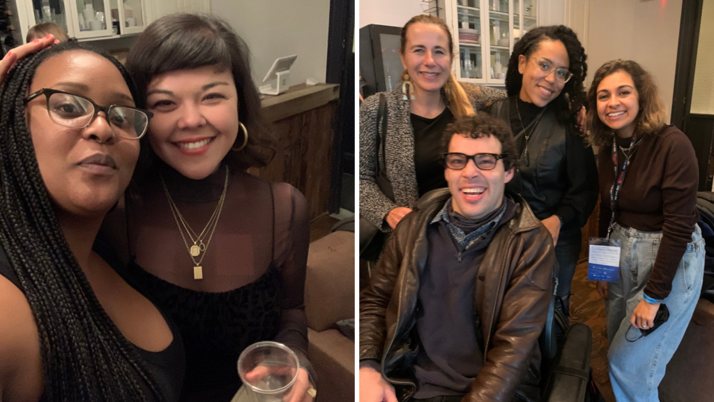 Two photos side by side. On the left Niema and Isa take a selfie, on the right Paula, Reid, Sisa, and Colette pose for a picture. Both photos are from a MediaMaker Fellowship alum gathering in NYC. 