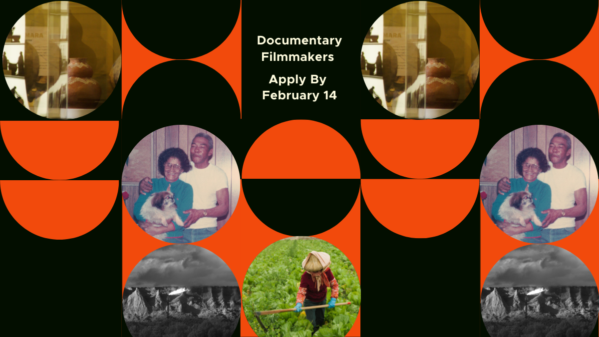 Layered pattern of circles, cylinders, and half moons, in black and orange-red. Four circles are filled in with cropped film stills from 4 years of Fellowship documentaries, varying greatly in style and content. Small cream-colored text reads "Documentary Filmmakers; Apply By February 14."