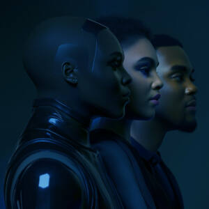 A blue-toned concept image featuring three Black characters in profile staggered and framed in close up. The character in the foreground wears shiny futuristic attire and appears to be augmented or is possibly an android.